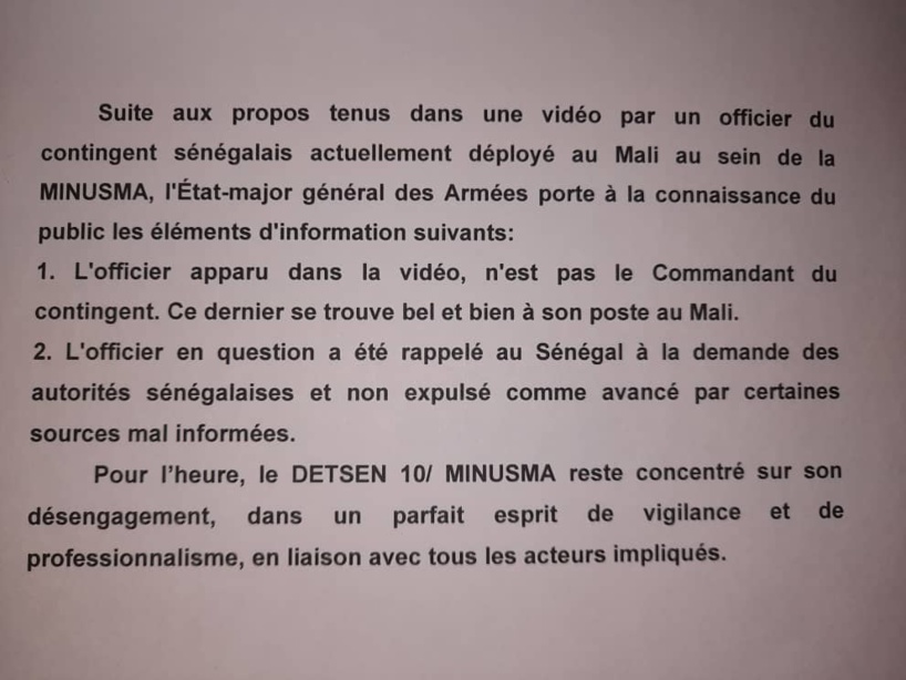 Expulsion d'un officier sénégalais du Mali : Les précisions de l'armée (document) 1 73939808 51430422