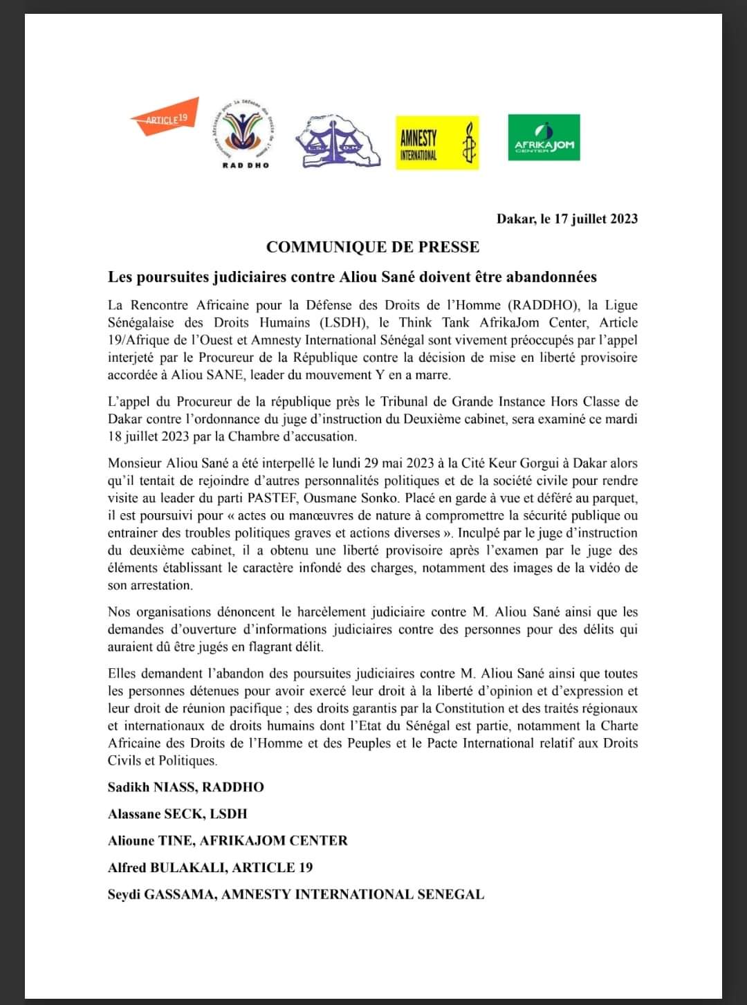 Aliou Sané devant la chambre d'accusation...les droits de l'hommiste volent à son secours (document) 1 FB IMG 1689628570929