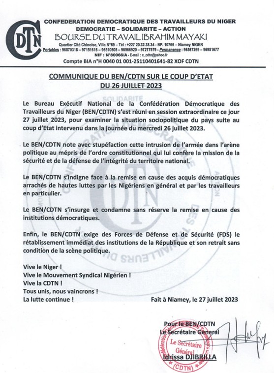 Les « Travailleurs du Niger contre le coup d’état et pour le retour de Bazoum 1 travail