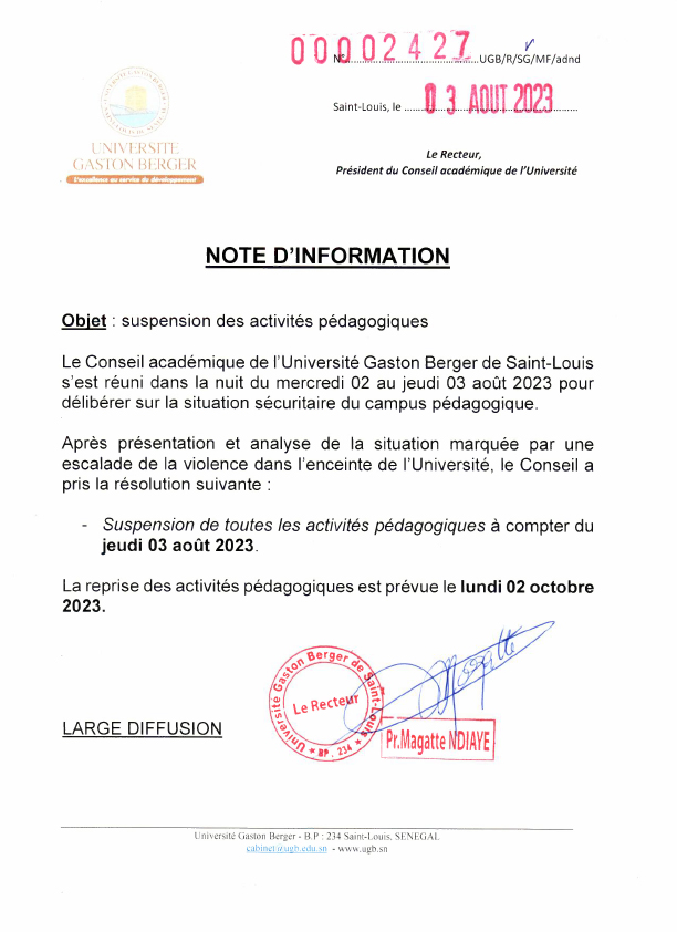 UGB : Le conseil académique suspend les cours jusqu’au...(document) 1 365320791 330758989281006 1425816382730254032 n