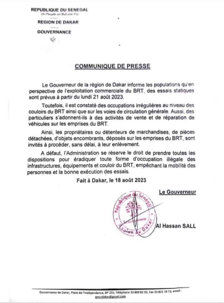 BRT : Le Gouverneur de Dakar annonce des essais...ce lundi (document) 1 FB IMG 1692491533703
