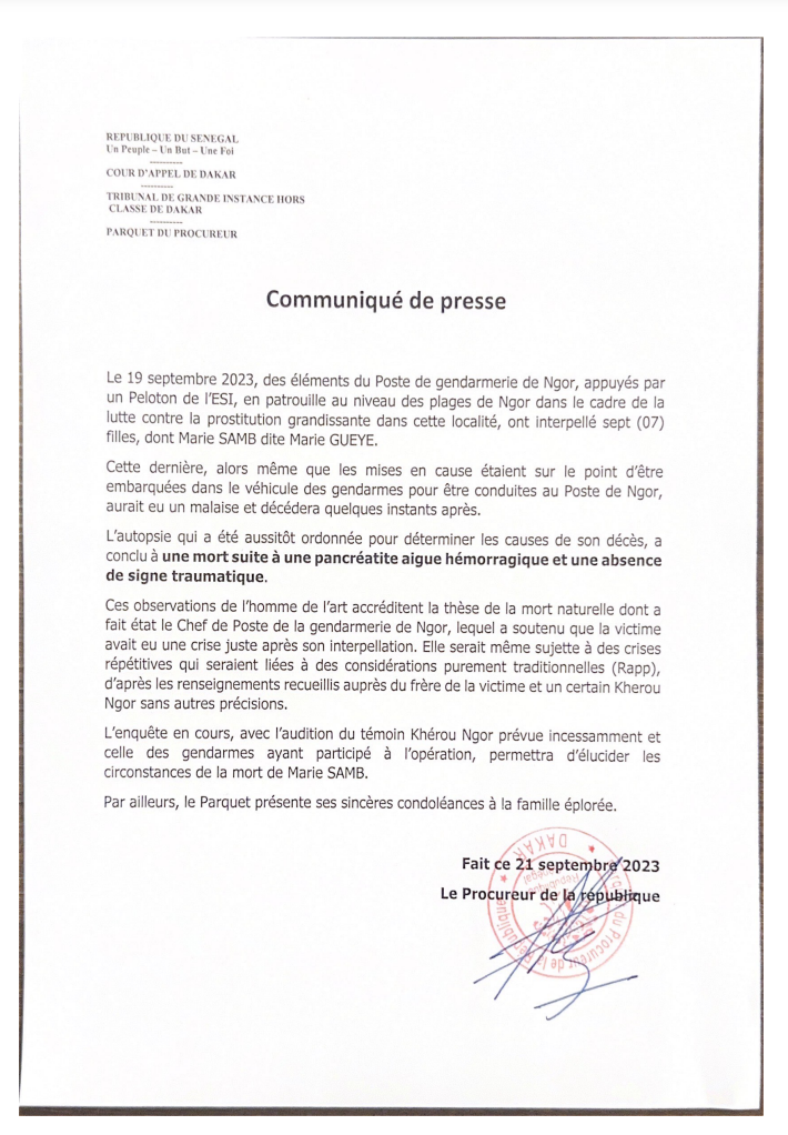 Femme morte à Ngor : Le parquet parle de malaise 1 utopsie