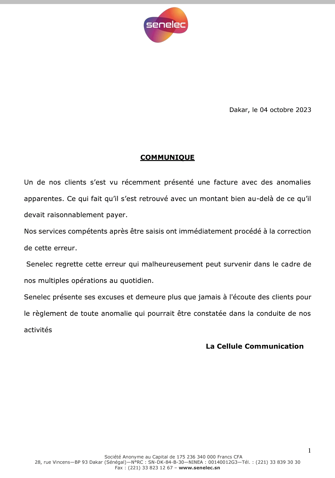 Les précisions de la Senelec sur les prix des factures (document) 1 Screenshot 20231004 230340