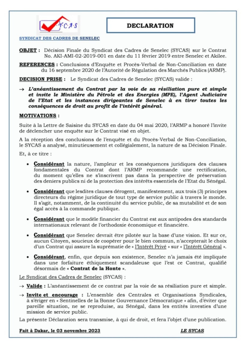 Les cadres de Senelec pour l'anéantissement du contrat entre Akilee et leur boîte 1 76360903 54510822