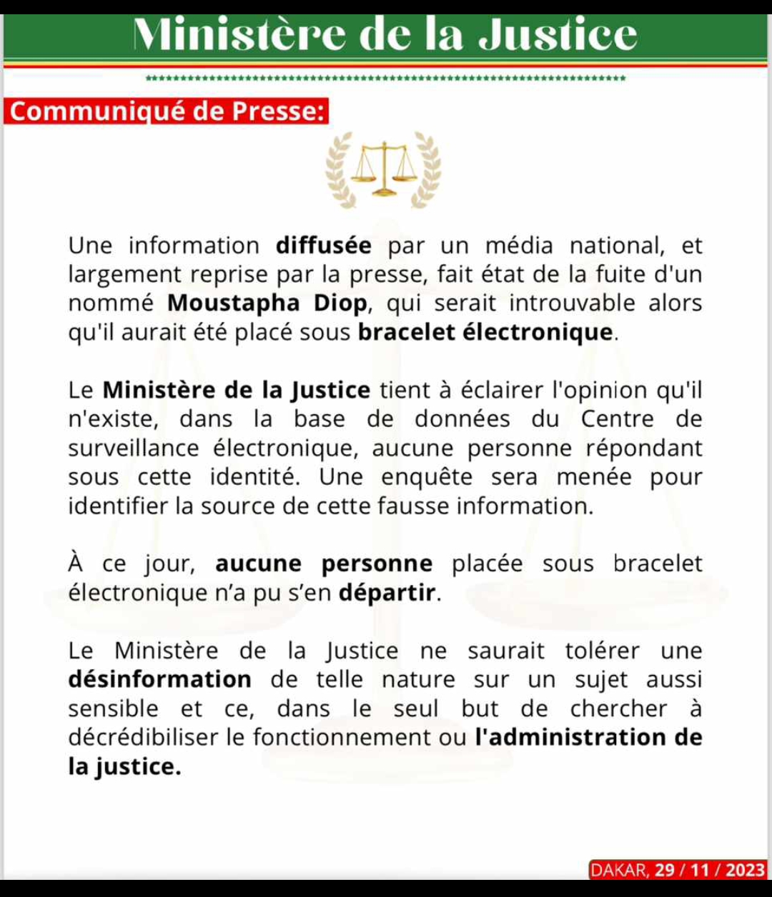 Fuite de Moustapha Diop : Le ministère de la Justice dément (document) 1 Screenshot 20231130 001246