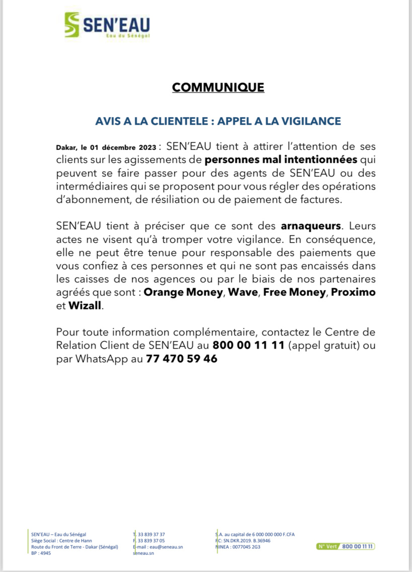 Alerte...Des personnes se font passer pour des agents de la SEN'EAU 1 77094380 55924567