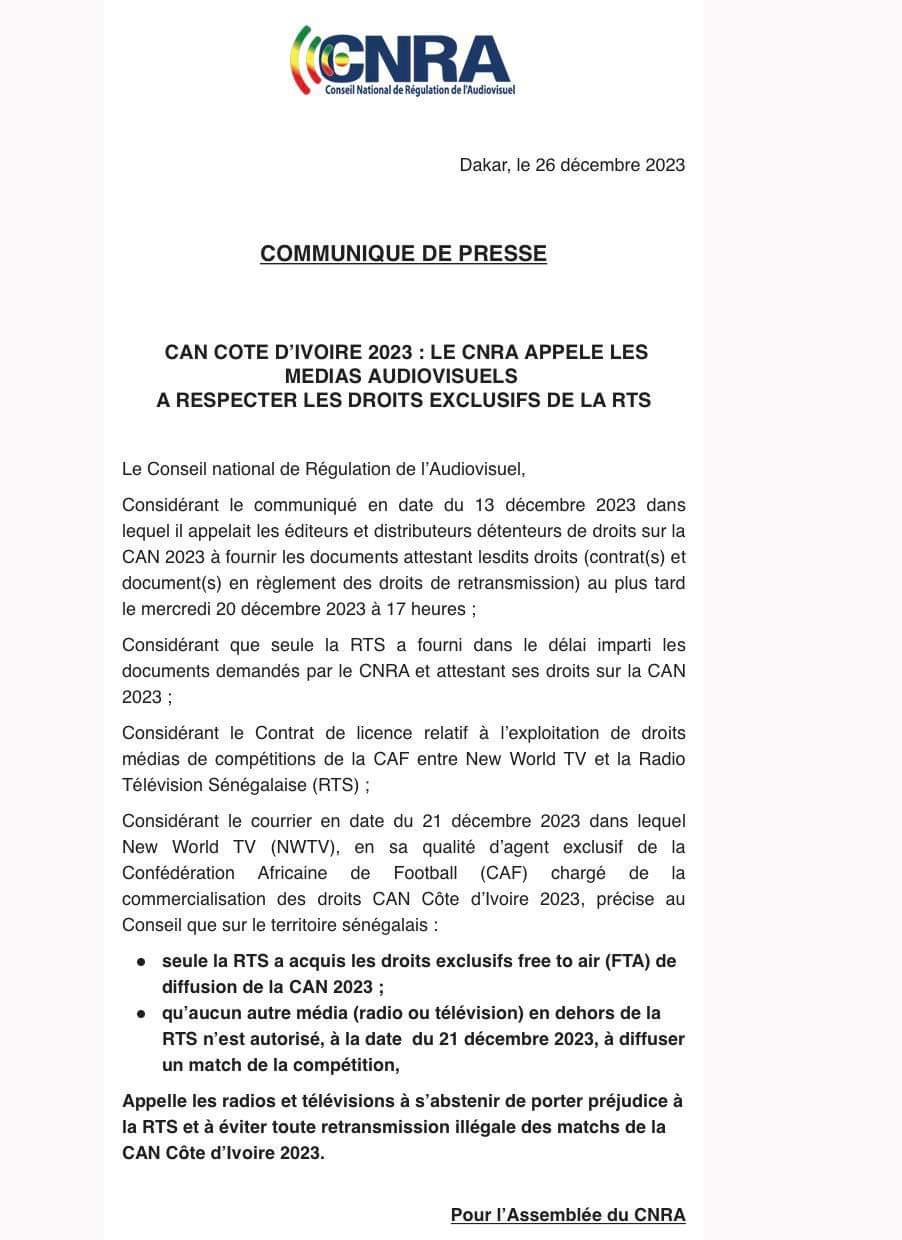 Retransmission des matchs de la CAN : Les mises en garde du CNRA (document) 1 FB IMG 1703721677042