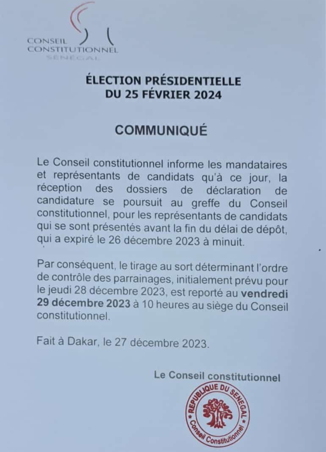 Présidentielle 2024 : Le Conseil constitutionnel reporte le tirage au sort (document) 1 Screenshot 20231227 214251