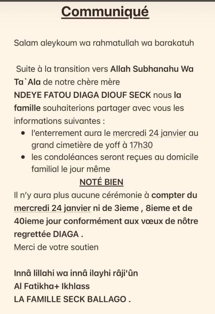 Décès de Diaga : L'enterrement prévu mercredi (communiqué) 1 FB IMG 1706014778248