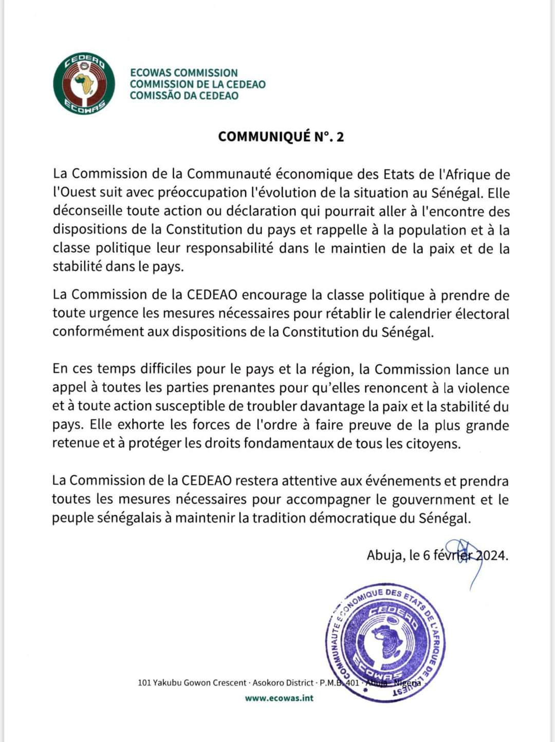 Sénégal...La CEDEAO demande le rétablissement du calendrier électoral 1 FB IMG 1707242482156