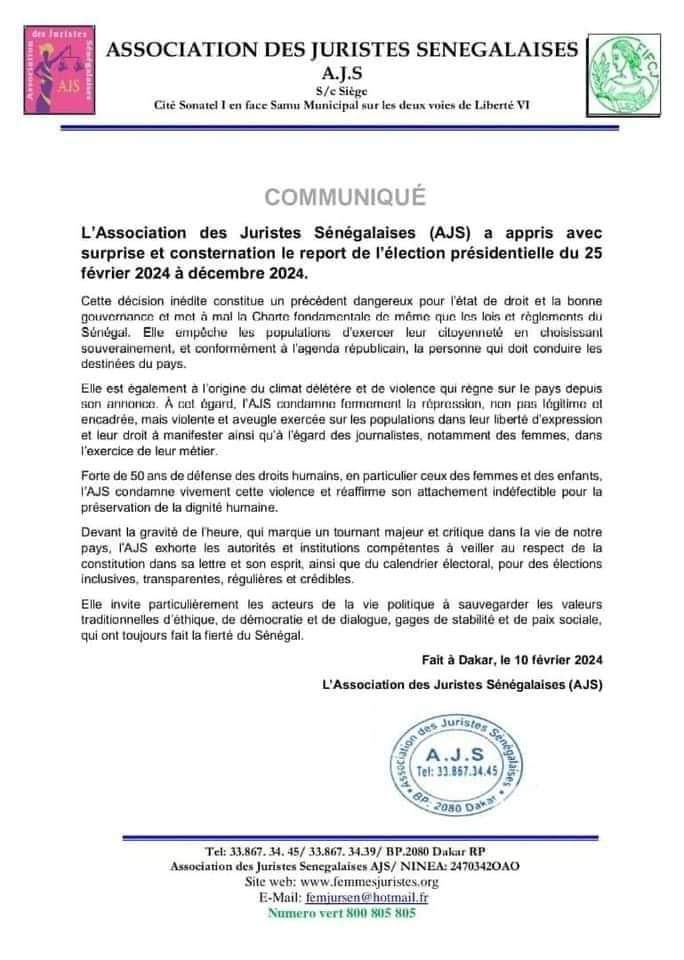 L’Association des Juristes Sénégalaises (AJS) dénonce le report de la présidentielle 1 FB IMG 1707577453728