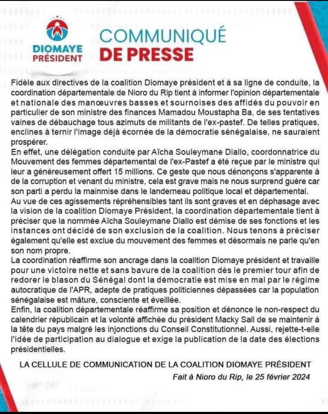 Pastef Nioro du Rip : La coordonnatrice du Mouvement des femmes virée 1 Screenshot 20240226 003154