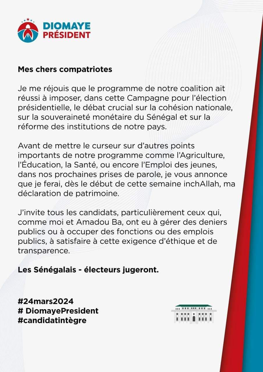 Diomaye fera sa déclaration de patrimoine...il invite Amadou Ba en à faire de même 1 FB IMG 1710711819953