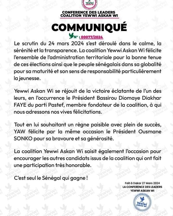 Présidentielle 2024 : Yewwi salue la victoire de Bassirou Diomaye Faye 1 FB IMG 1711587195753
