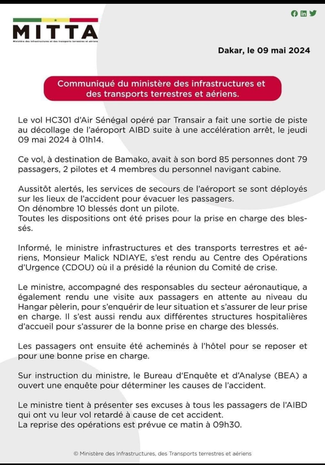 Accident avion Transair : vidéo du crash et le communiqué du ministère des transports 1 accident
