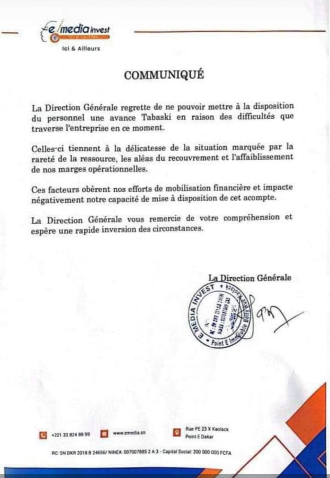 Groupe E-média : Pas d'avance Tabaski pour le personnel (document) 1 Screenshot 20240613 171852