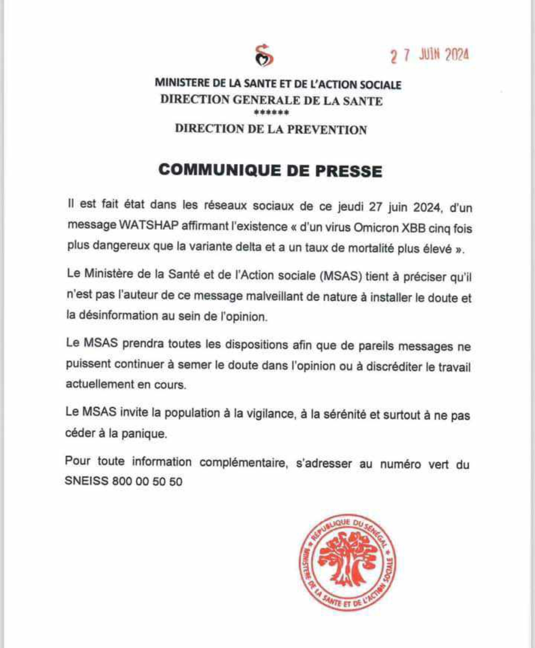 Le ministère de la santé dément toute présence de "Omicron XBB" (communiqué) 1 Screenshot 20240627 221437