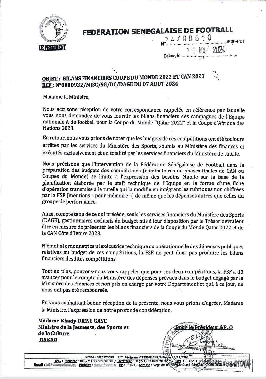 Bilans financiers Mondial et CAN : La réponse salée de la fédé de foot au ministre 1 Screenshot 20240820 165049