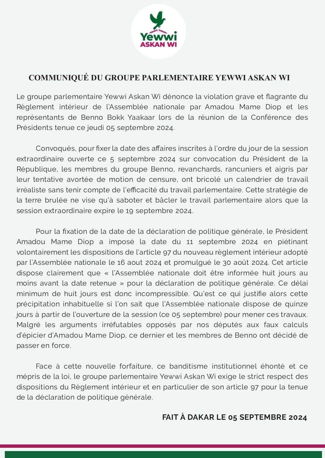 DPG de Sonko : Yewwi dénonce des violations du règlement intérieur de l'Assemblée 1 FB IMG 1725603874587