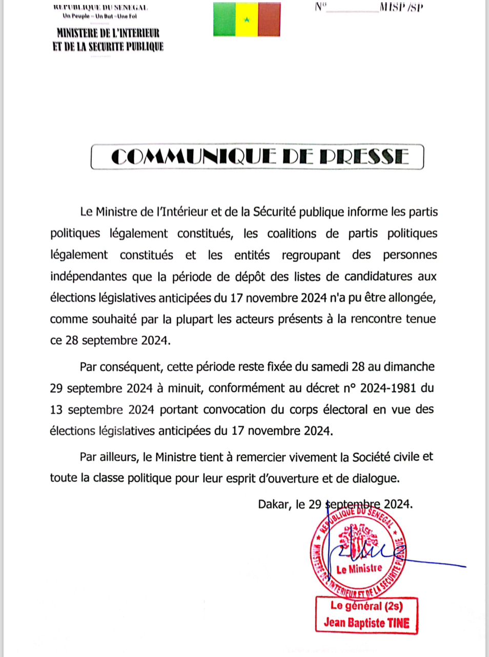 Dépôts candidatures pour les législatives : Pas de prolongation ! 1 IMG 20240929 WA0163