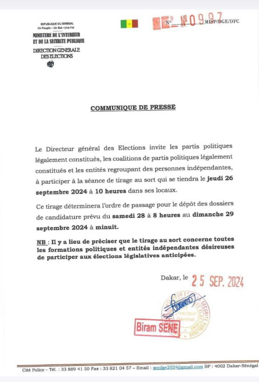 Législatives 2024 : Le tirage pour le dépôt des listes prévu ce jeudi 1 Screenshot 20240925 221052