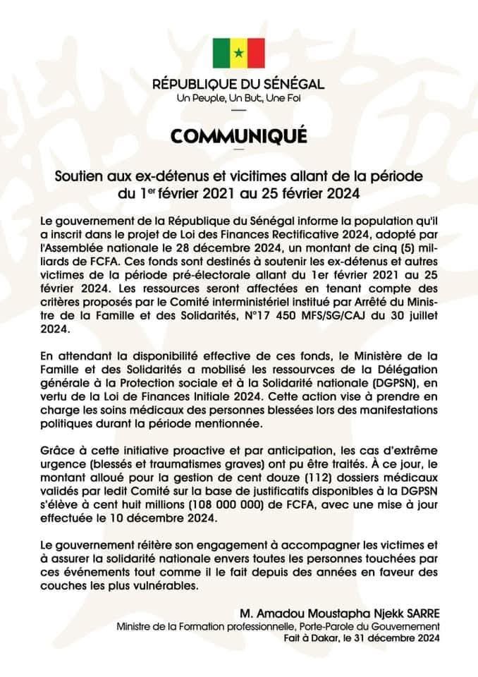 Polémique sur les fonds alloué aux victimes des manifs : Les précisions du gouvernement 1 FB IMG 1735668312335