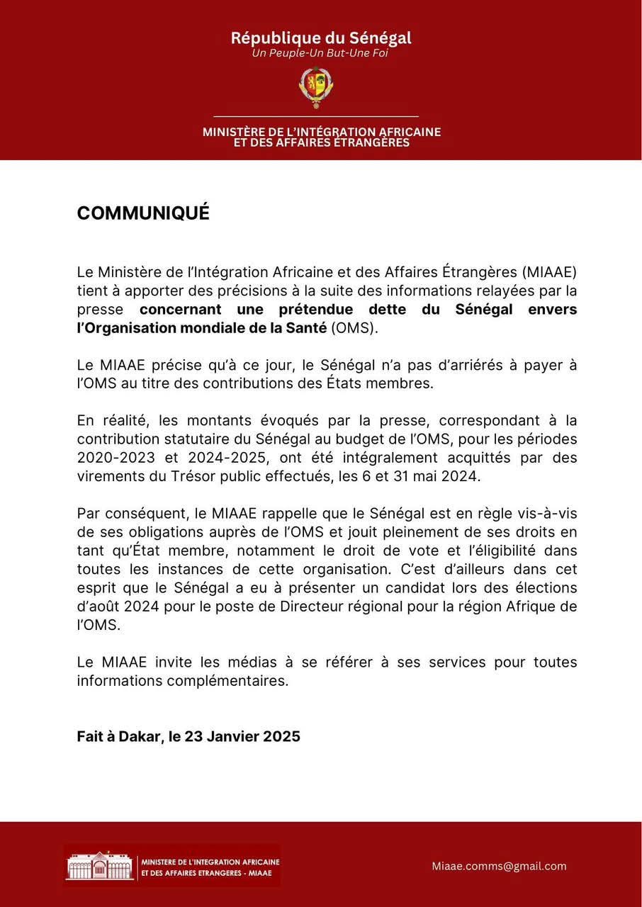 Dette du Sénégal à l’OMS : Le ministère des Affaires étrangères dément 1 FB IMG 1737742181822