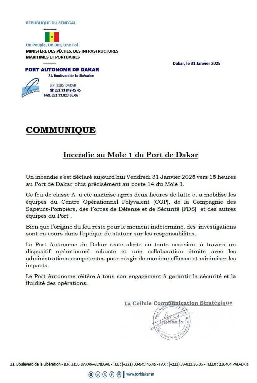 Un incendie s'est déclaré au Môle 1 du Port Autonome de Dakar 1 FB IMG 1738354441172