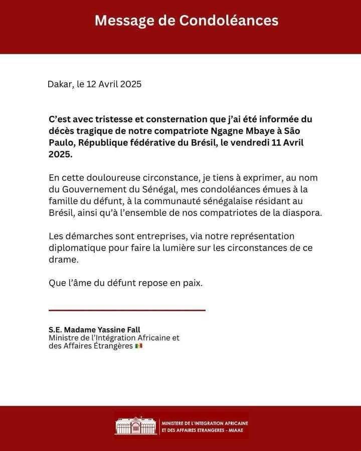 Sénégalais tué au Brésil : La réaction du ministère des affaires étrangères 1 FB IMG 1744485696538