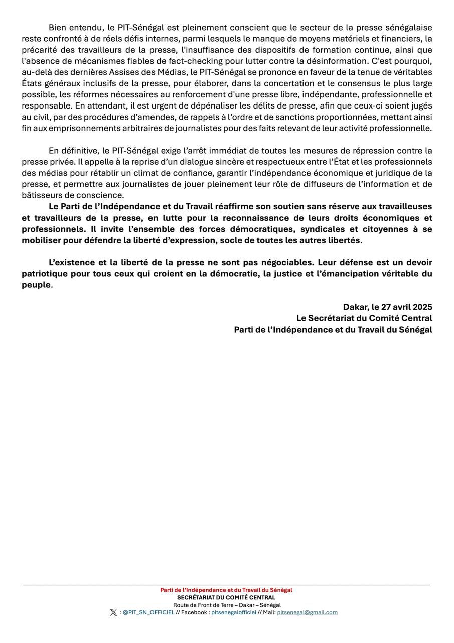 Le PIT dénonceune tentative d’asphyxie de la presse nationale 2 IMG 20250427 WA0118
