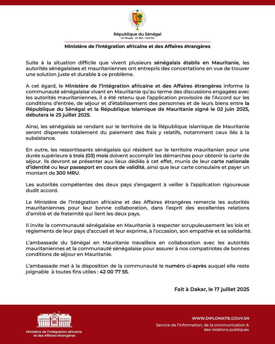 Diplomatie : Des mesures allégées pour les Sénégalais vivant en Mauritanie dès le 25 juillet 1 FB IMG 1752779580417