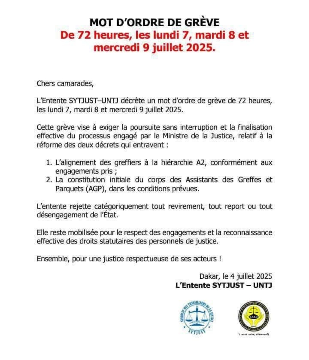 L'Entente SYTJUST-UNTJ annonce 72 heures de grève...à partir de lundi 1 Screenshot 20250704 202211