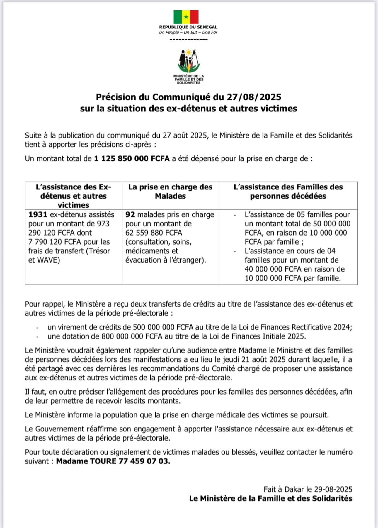 Clarifications du ministère de la Famille : plus de 1,1 milliard FCFA d’assistance aux victimes détaillés 1 68b315d52c5ff qnguWKkV8j
