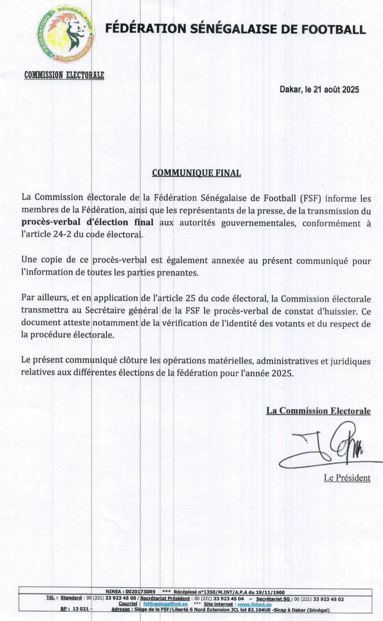 Présidence de la FSF : La Commission clôture officiellement le processus électoral 1 FB IMG 1755890112715