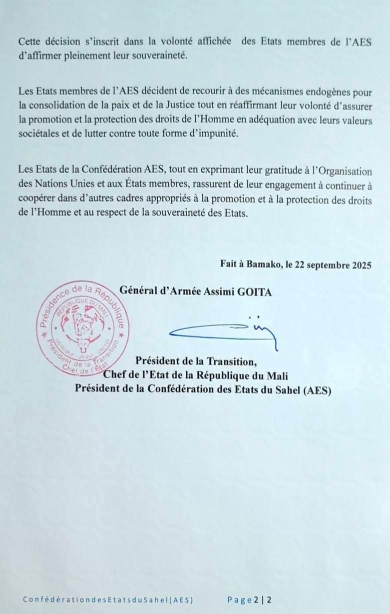 L’AES annonce son retrait immédiat du Statut de Rome de la CPI 2 FB IMG 1758580714604