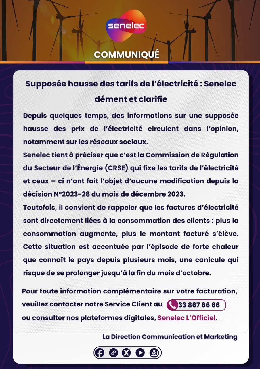 La Senelec dément toute hausse des tarifs de l'électricité 1 FB IMG 1759511453216