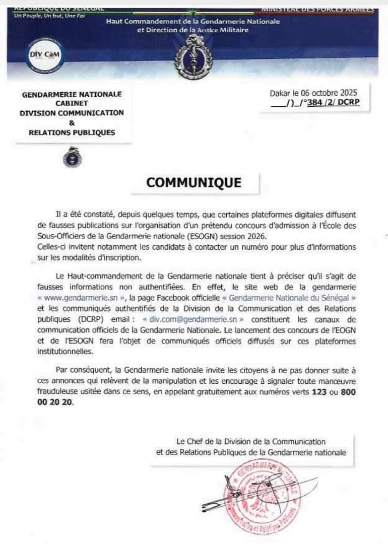 Concours ESOGN : La Gendarmerie alerte sur de fausses publications en ligne 1 FB IMG 1759864534684