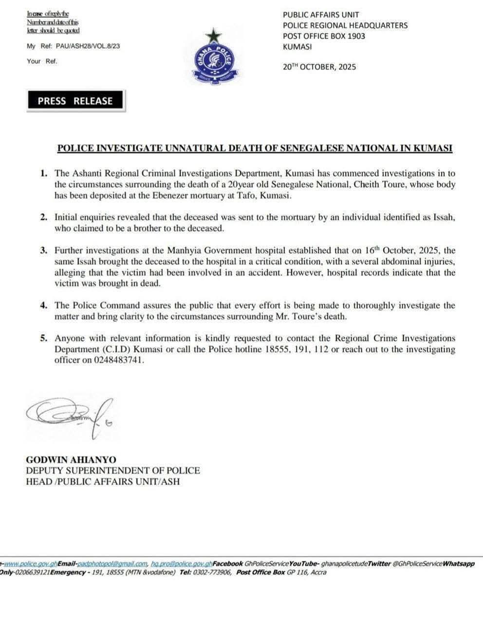 Mort de Cheikh Touré : La police ghanéenne entre en action 1 FB IMG 1760991275697