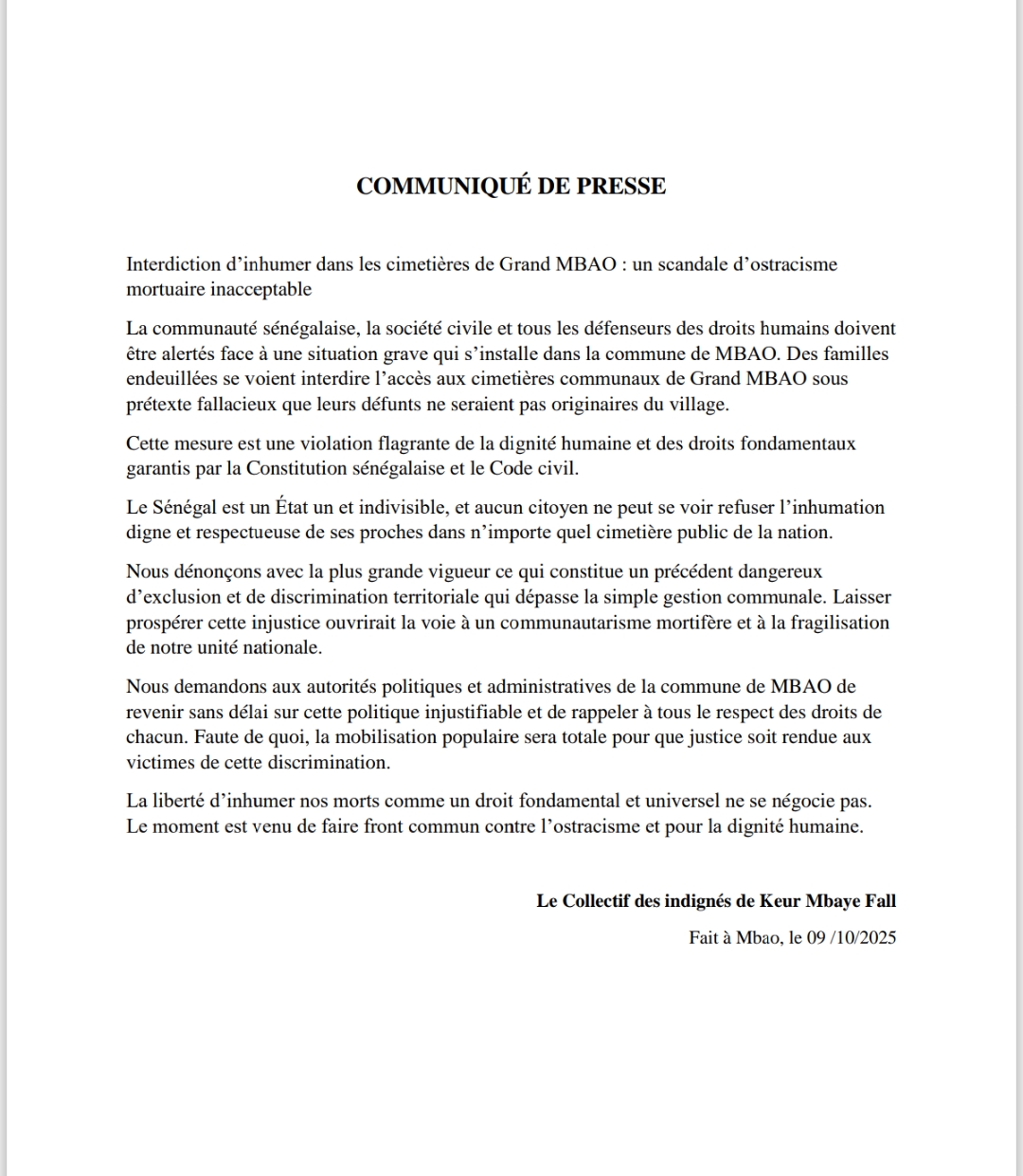 Indignation après le refus d’inhumation aux cimetières de Mbao 1 Screenshot 20251010 185834