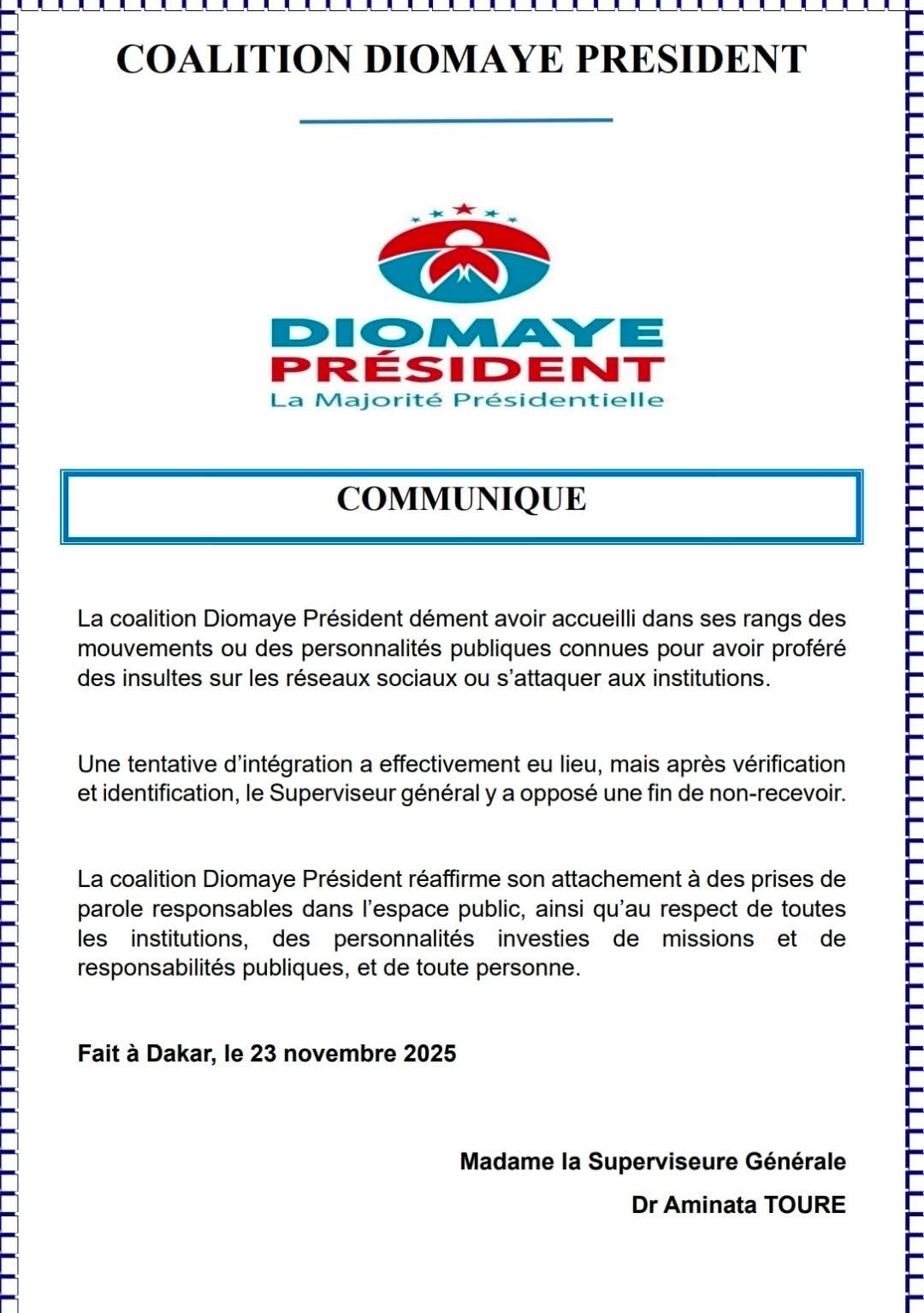 «Diomaye Président» dément toute intégration de personnalités connues pour des propos insultants 1 FB IMG 1763921810098