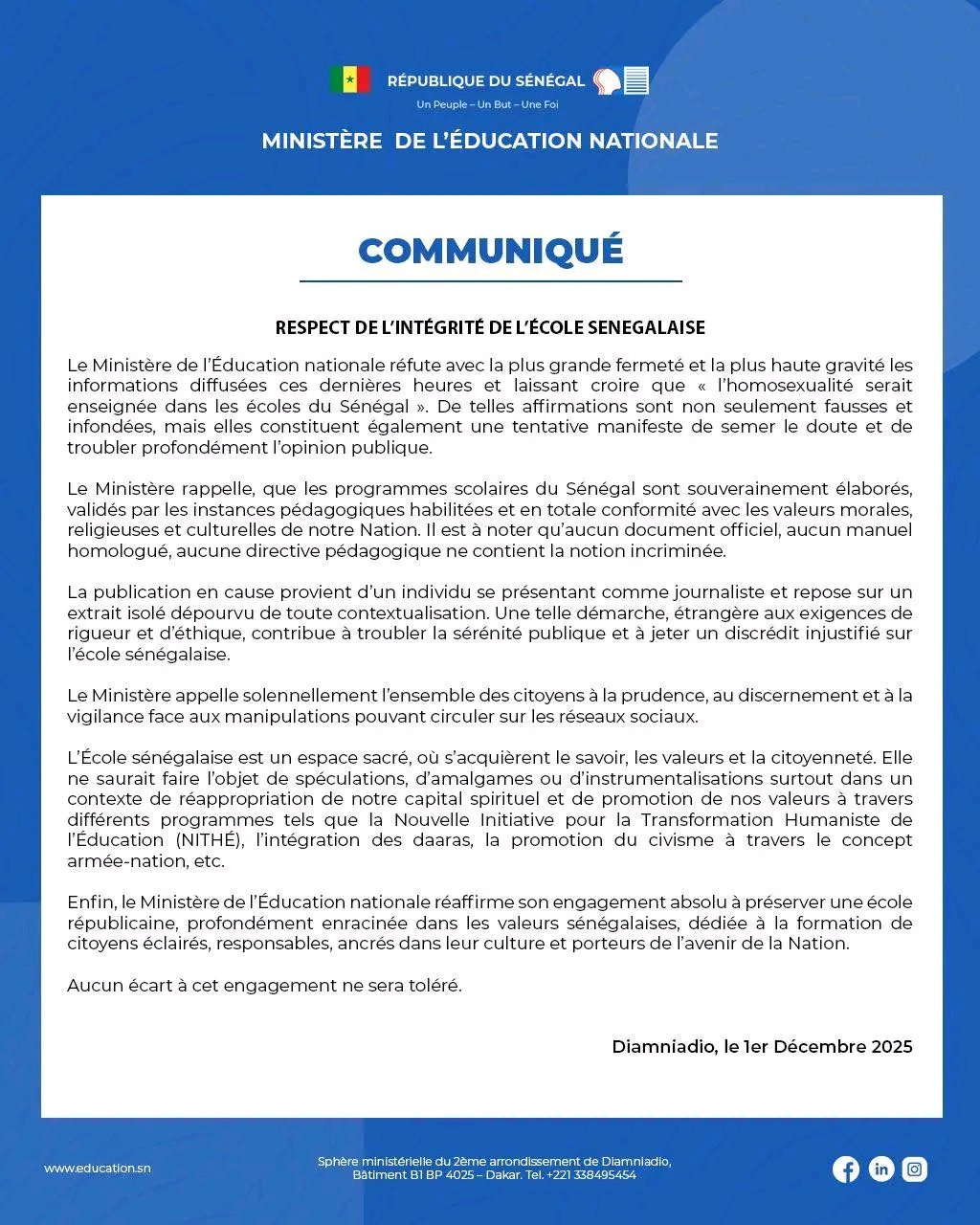 Le ministère de l’Éducation dément toute intégration de l’homosexualité dans les programmes scolaires 1