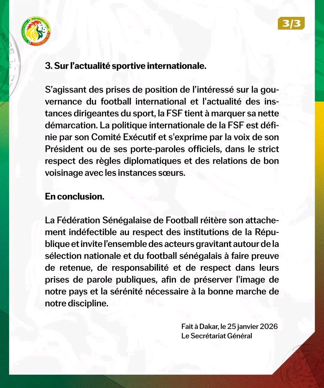 La FSF se démarque des propos d’El Hadji Ousseynou Diouf et appelle à la retenue 3 1769365009155