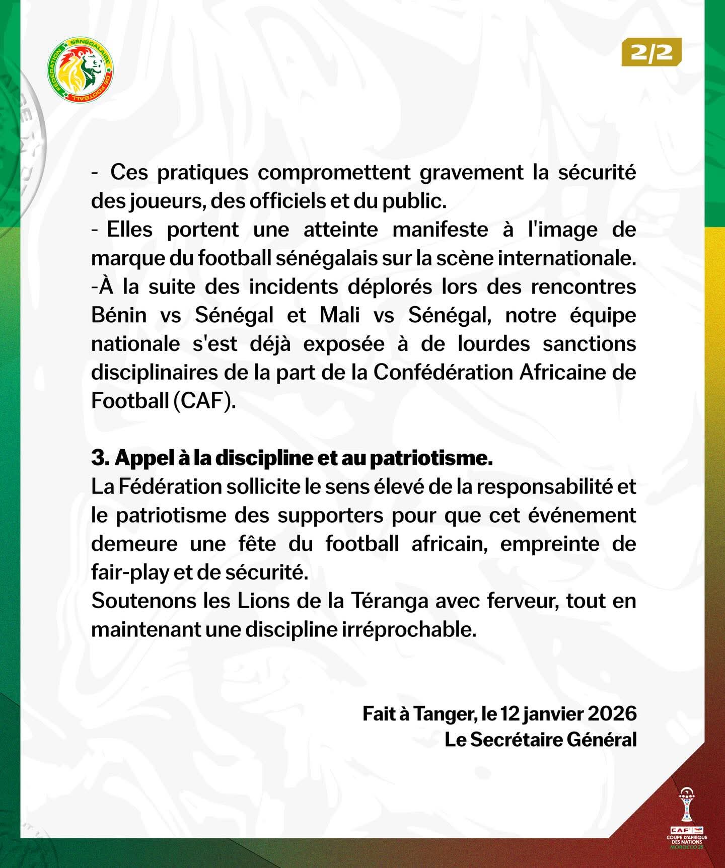 Demi-finale CAN 2025 : la FSF appelle à la responsabilité des supporters 2 FB IMG 1768245139113