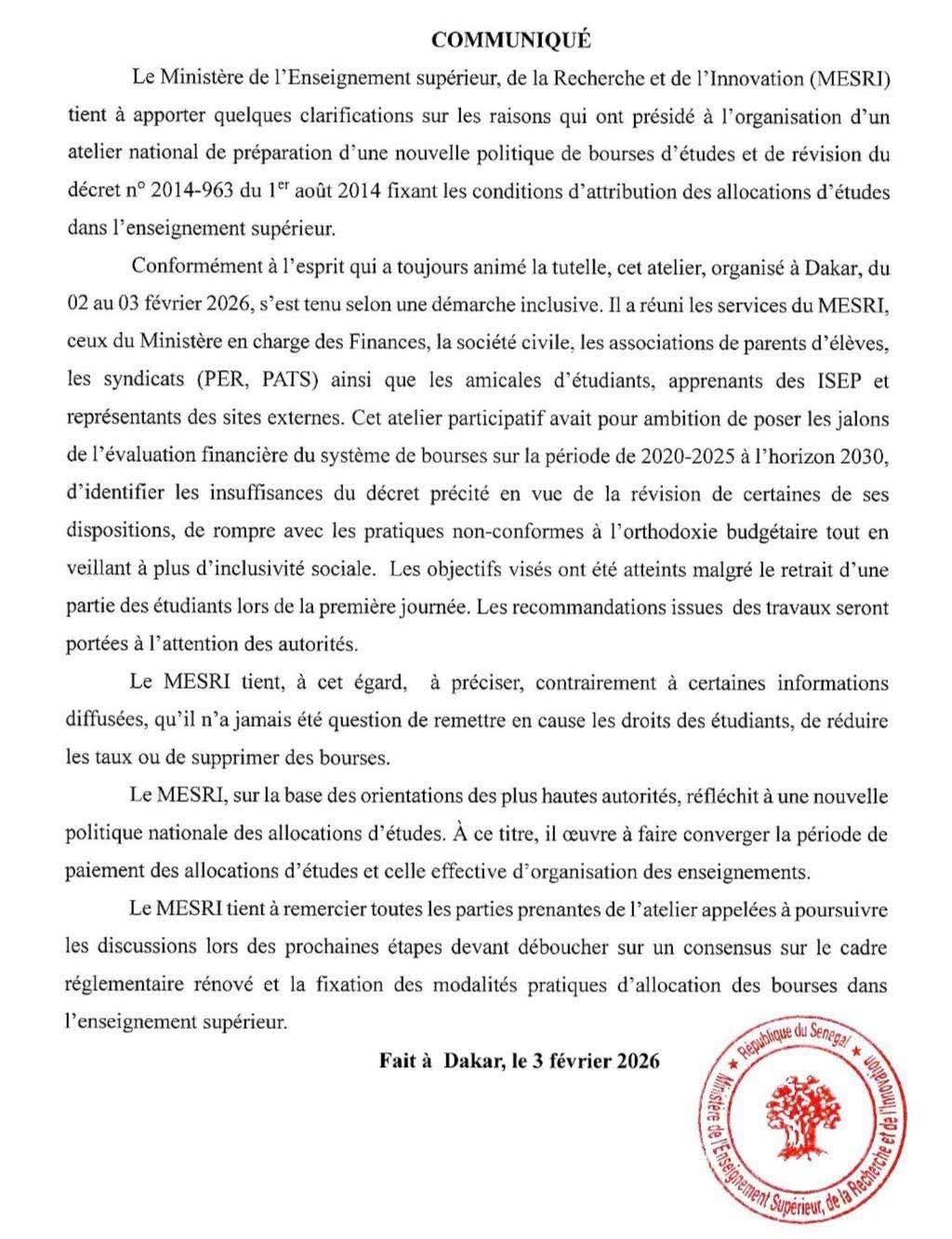 Réforme des bourses d’études : Le MESRI apporte des clarifications 1 FB IMG 1770145734587