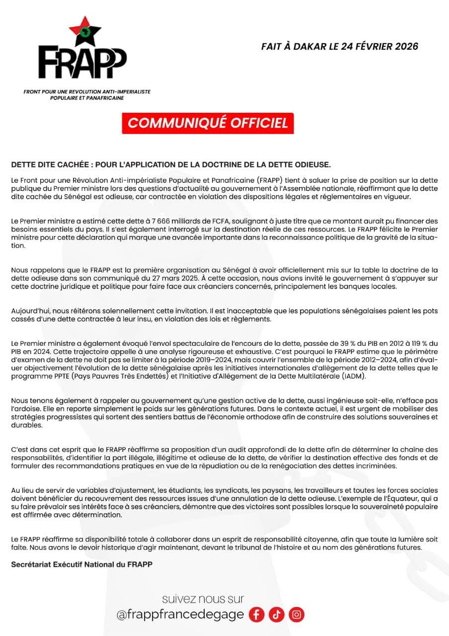 Dette publique : Le FRAPP plaide pour l’application de la doctrine de la dette odieuse 1 FB IMG 1771965278596
