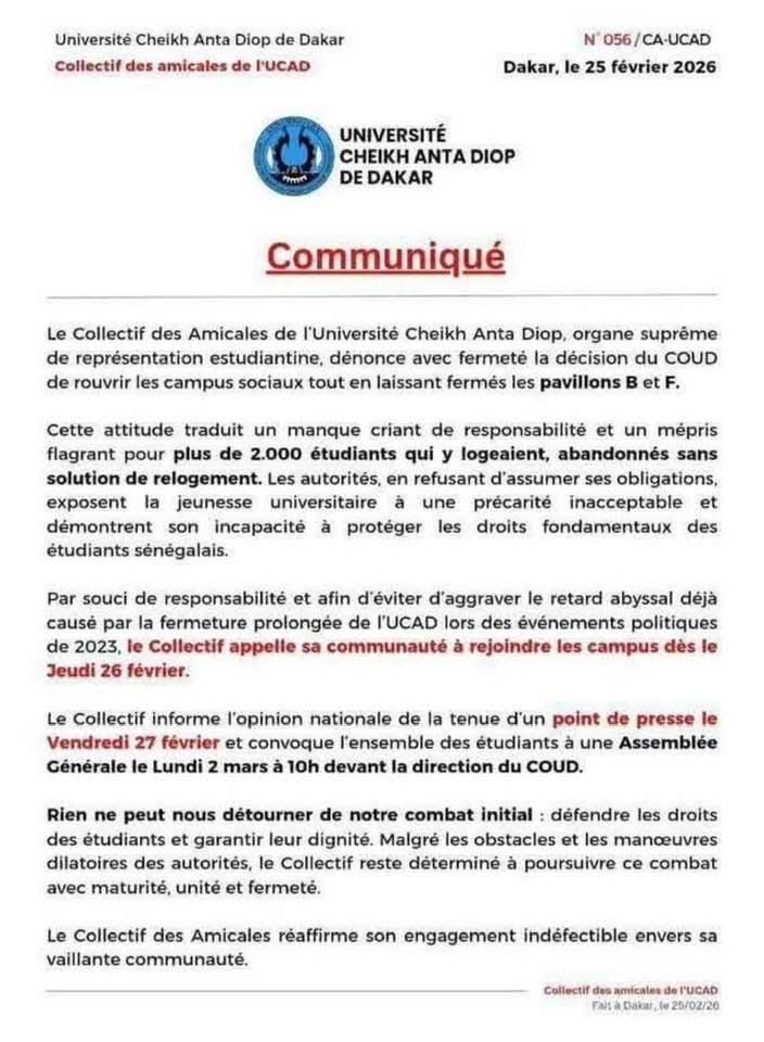 UCAD : Le Collectif appelle les étudiants à rejoindre le campus 1 FB IMG 1772008700383