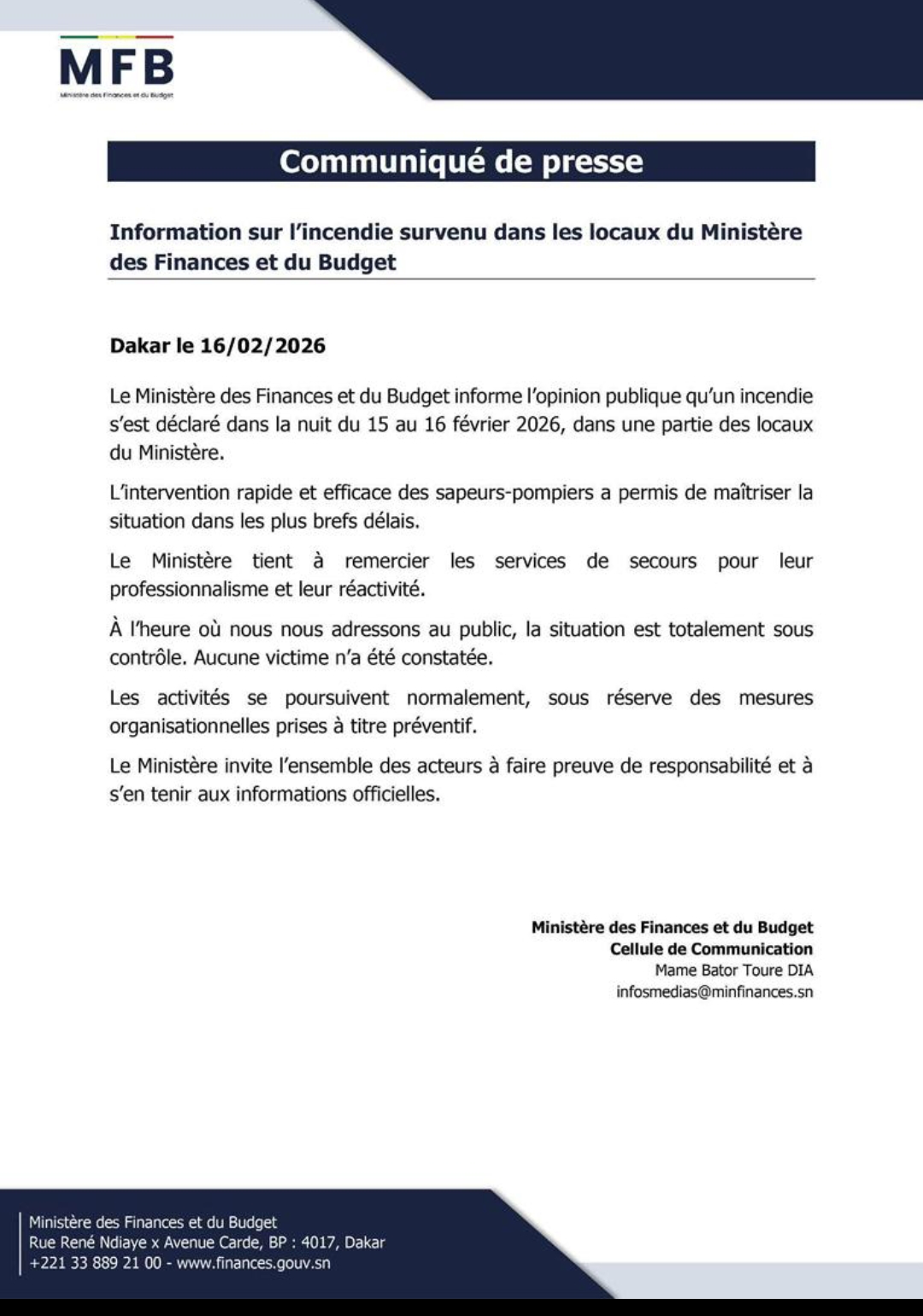 Incendie au département des Finances et du Budget : La réaction du ministère 1 Screenshot 20260216 114746