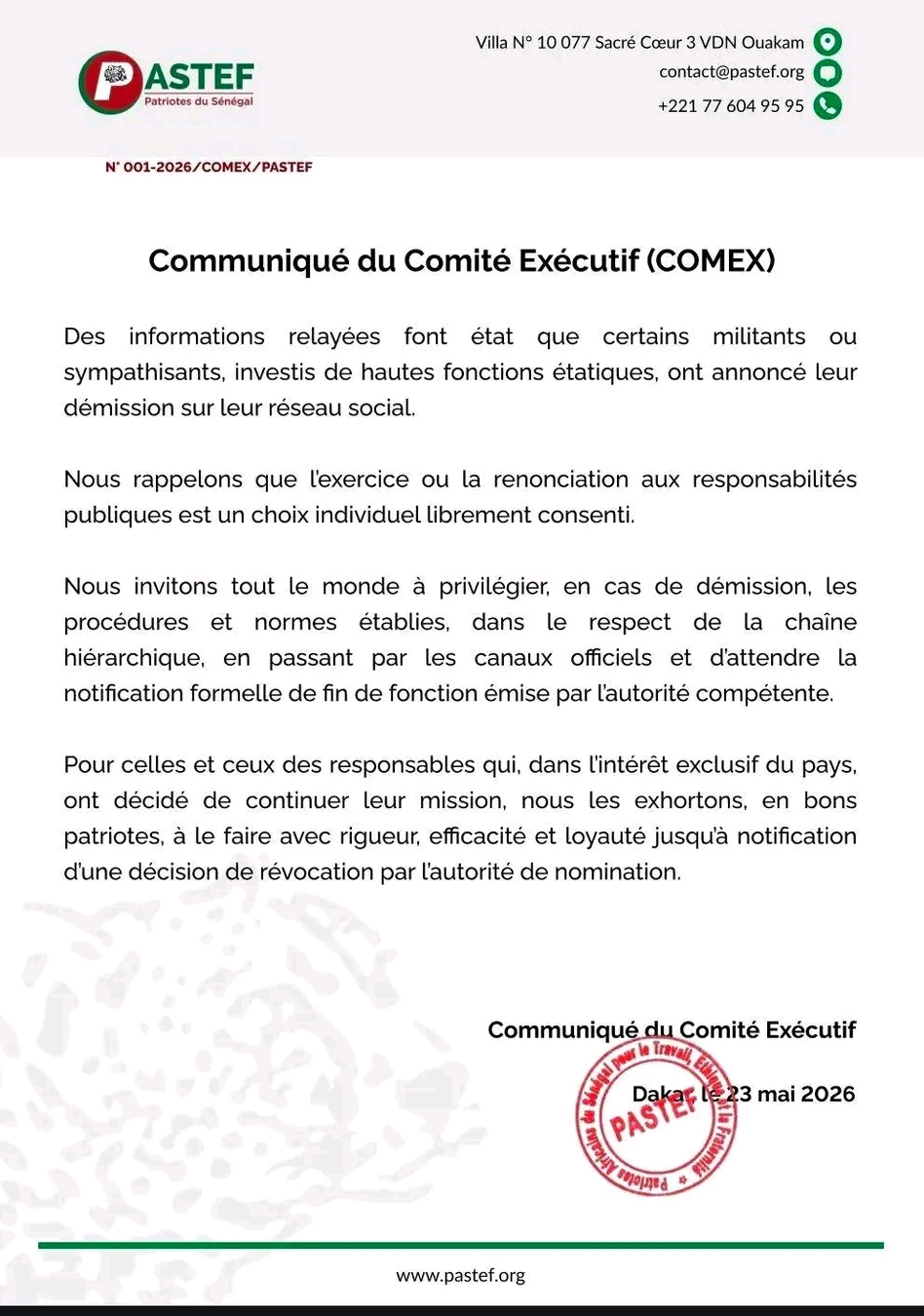 Démission des DG : PASTEF appelle au respect des procédures 1 1779570209732