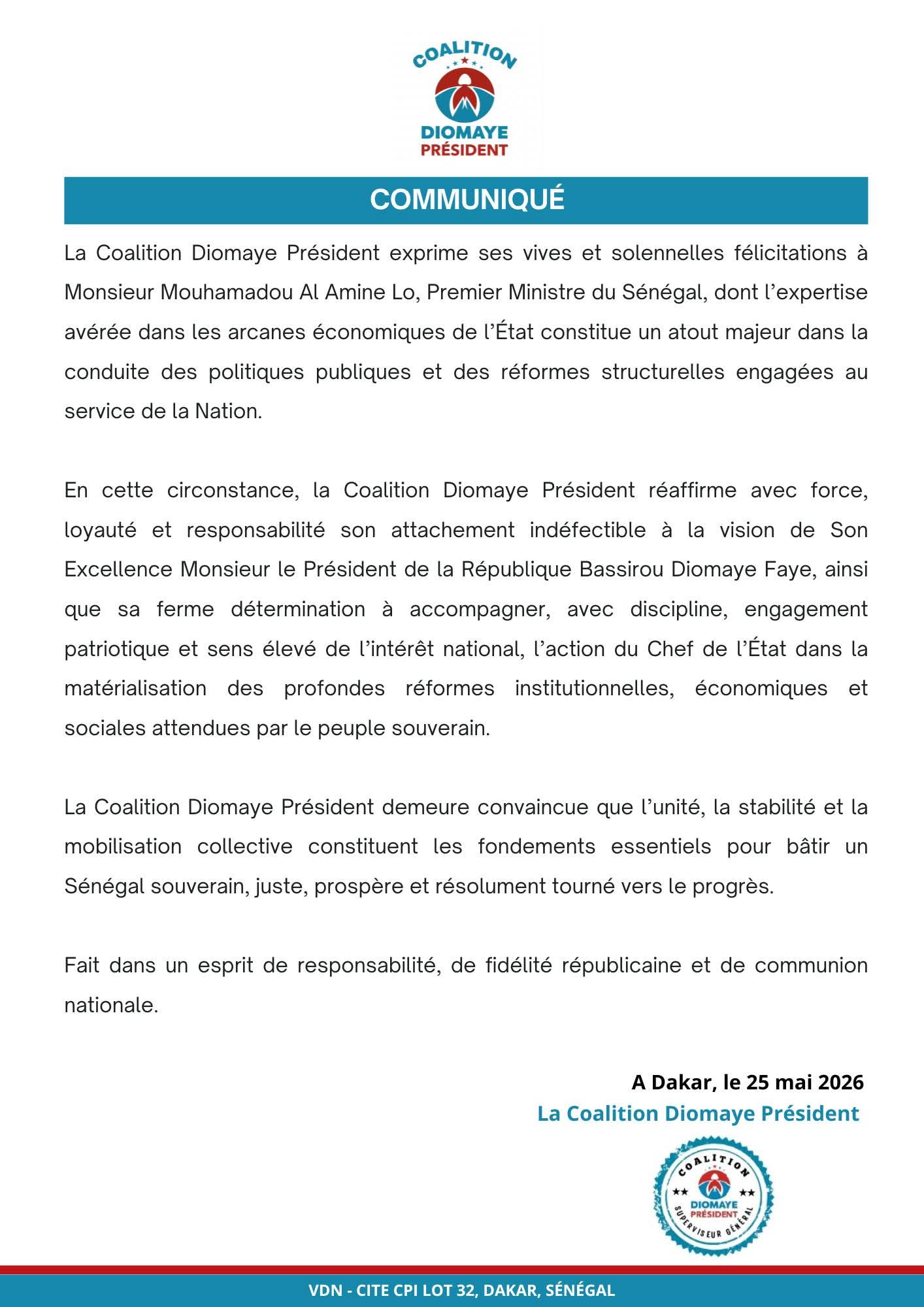 La Coalition Diomaye Président félicite le Premier ministre Mouhamadou Al Amine Lo 1 FB IMG 1779830855936