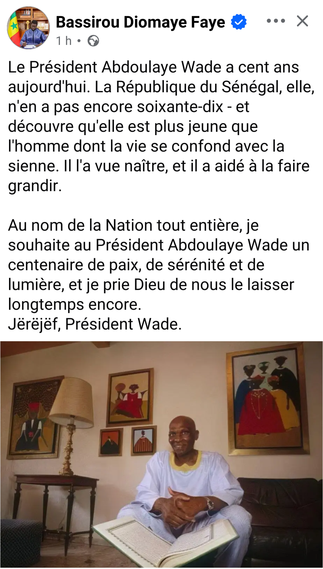 Centenaire de Wade : Bassirou Diomaye Faye salue un destin lié à la Nation 1 Screenshot 20260529 182621